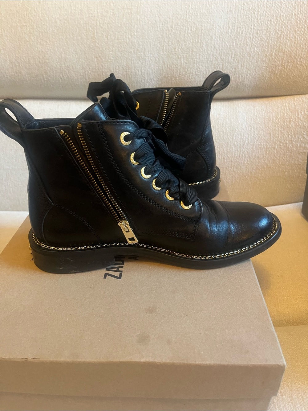 Zadig & Voltaire Black Leather Lace-Up Ankle Boots with Gold Trim